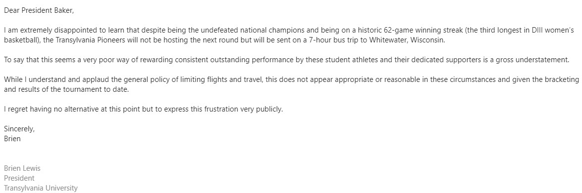 No. 2 Transy WBB is being sent on the road to Wisconsin for the second round of the NCAA tournament (last year they hosted until the Final Four, which was neutral site). TU's President sent this statement to NCAA President Charlie Baker. <a href="/WKYT/">WKYT</a> <a href="/wkytsports/">WKYT Sports</a>