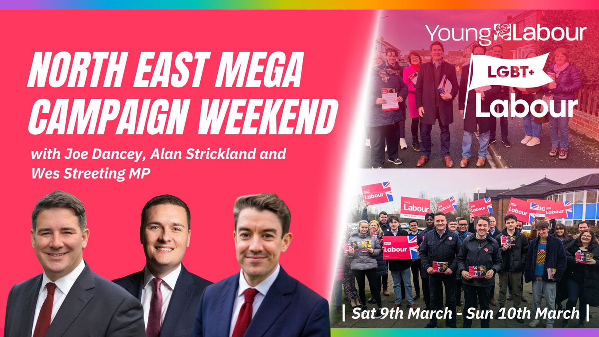 Join us as we team up with @LGBTLabour next weekend for 2 days of campaigning in Stockton West & Newton Aycliffe and Spennymoor! 🌹 Sign up here - forms.gle/H5DGVzHHxFwwvb… Travel bursary of up to £30 per day available! 🚂 @wesstreeting @AlanStrickland DM for more info 📩