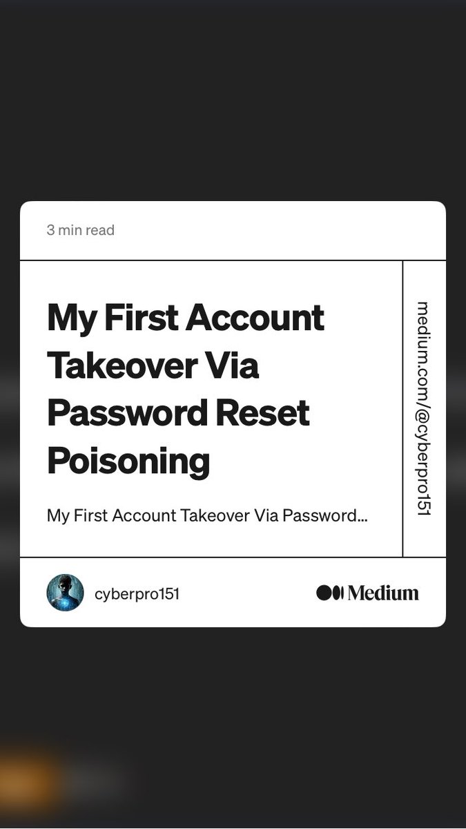 Alra3ees's tweet photo. “My First Account Takeover Via Password Reset Poisoning” by cyberpro151
https://t.co/4ybbUhyFqH https://t.co/qOuntMpTc0