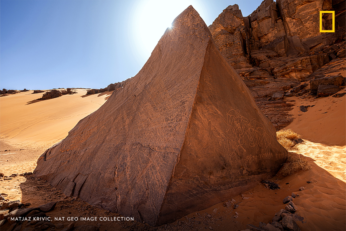 #PhotoduJour | Une gravure rupestre dans le parc national du Tassili n’Ajjer, en Algérie, représente des éléphants, des girafes et des humains. Ces pétroglyphes du Néolithique auraient été gravés grâce à des disques de pierre.