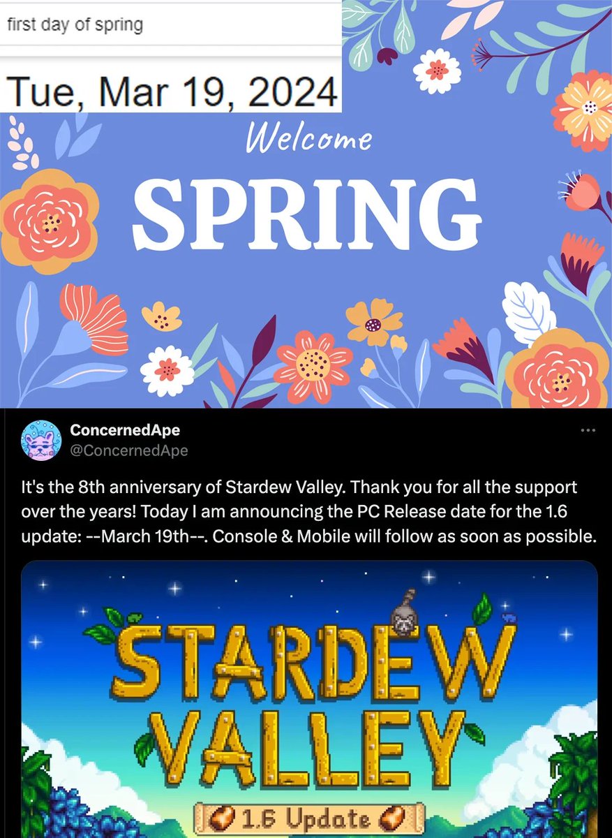The release date of Stardew Valley 1.6 is the First Day of Spring 2024 posted by u/Gaianna. Post url: shorturl.at/hmyzM #StardewValley #Stardew