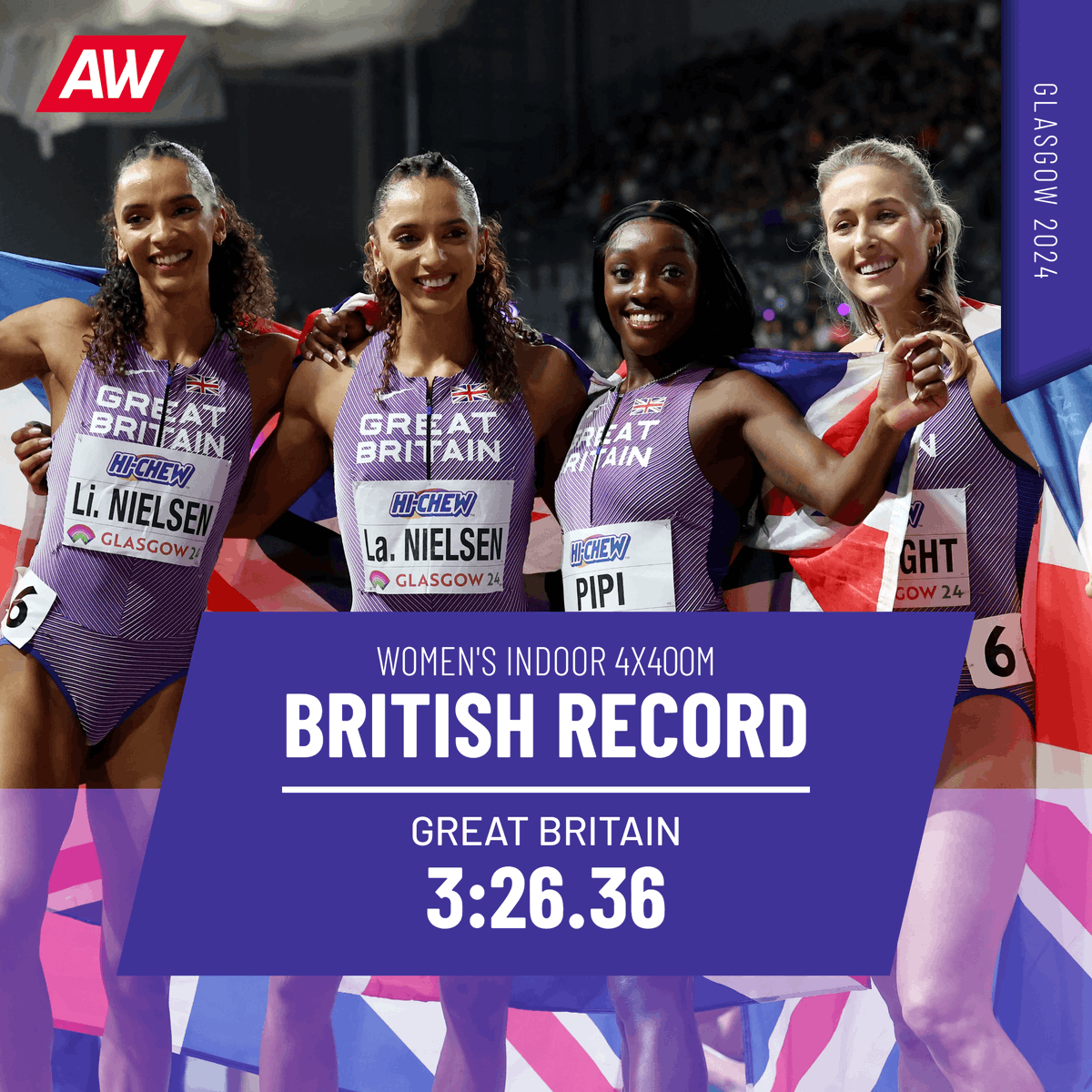 BRITISH RECORD Two national indoor 4x400m records in a single day 🤯 After a record-breaking heat, the British quartet of Laviai Nielsen, Lina Nielsen, Ama Pipi and Jessie Knight have lowered the national mark yet again with 3:26.36 🇬🇧 That time is enough for a superb bronze…