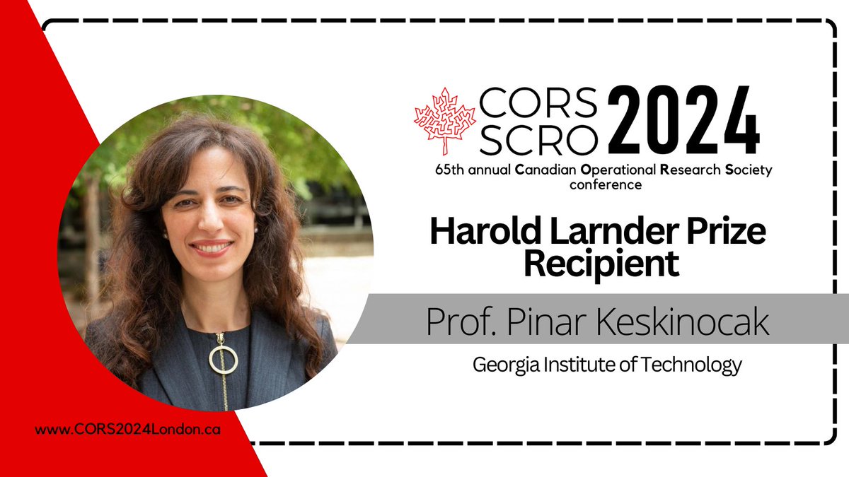 Congratulations to professor Pinar Keskinocak from <a href="/GeorgiaTechISyE/">Georgia Tech ISyE</a>, Director of <a href="/CHHSgatech/">Center for Health & Humanitarian Systems</a> this year’s recipient of the Harold Larnder Award.  
Join on Mon. June 3rd at #CORS2024 when <a href="/PKeskinocak/">Pinar Keskinocak, Ph.D.</a> will be giving the 2024 Harold Larnder Memorial Lecture.  corslondon2024.ca