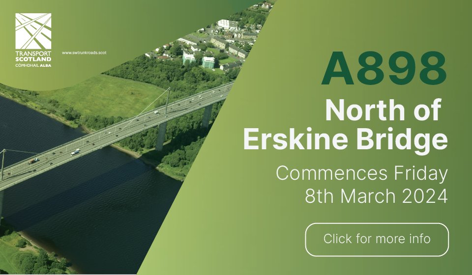 ⚠️ ONE WEEK TO GO ⚠️ 🚨 Essential bridge expansion joint replacements on the A898 northbound slip-road to the A82 westbound, north of Erskine Bridge, from 8pm on 8/3/24 until 6am on 11/3/24. 👉 bit.ly/3wB3MJe @trafficscotland @WDCouncil @GlasgowCC #PlanAhead