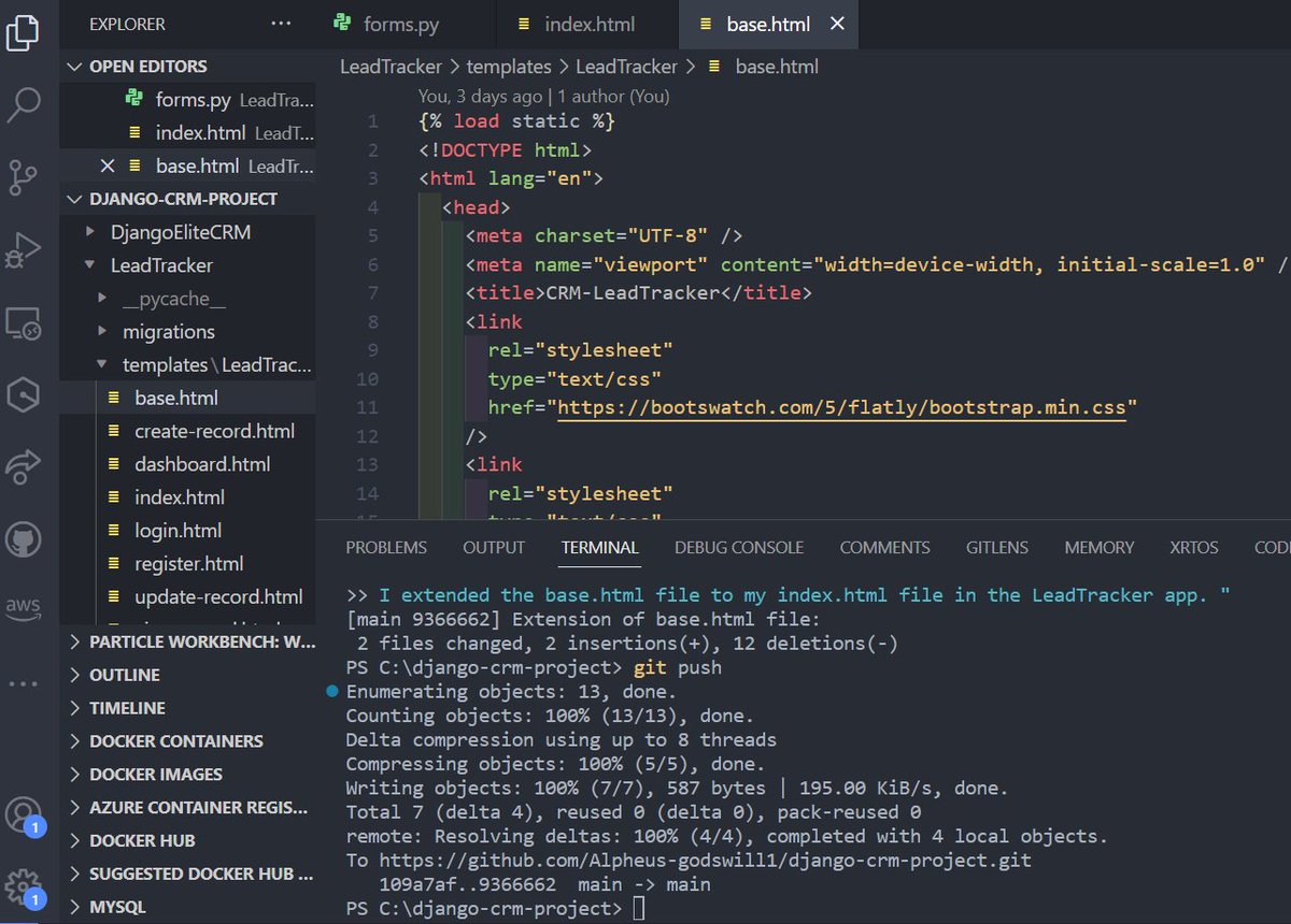 Alpheus___'s tweet image. Dashboard Creation: &quot;Exciting news! Progressing well with my Django project. Just extended base.html to index.html, laying the groundwork for a comprehensive dashboard creation. Stay tuned for more updates! 🚀 #Django #DashboardCreation&quot;