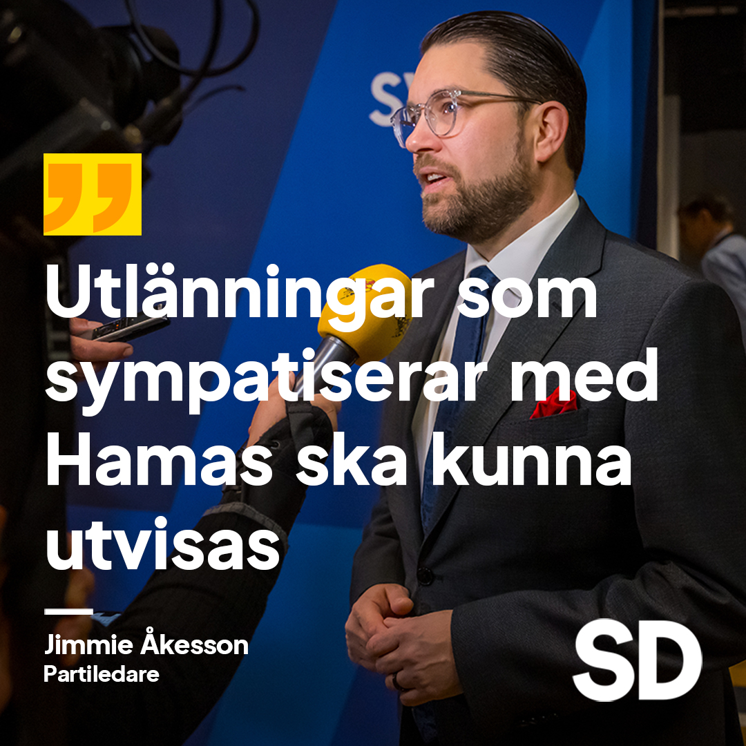 'Sympatiserar man med Hamas och inte är svensk medborgare ska man kunna utvisas' – Jimmie Åkesson i kvällens Agenda.