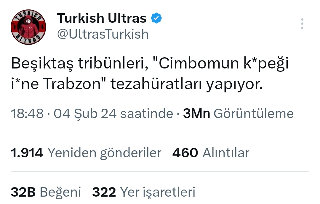 Bugün yapılan "Ali Koç gelsin sizi kurtarsın." ve "fenerin köp*ği ib*e beşiktaş" tezahüratlarını paylaşmadı.

Fenerli admin bize karşı olan tezahüratı anında girmiştin ama <a href="/UltrasTurkish/">Turkish Ultras</a>