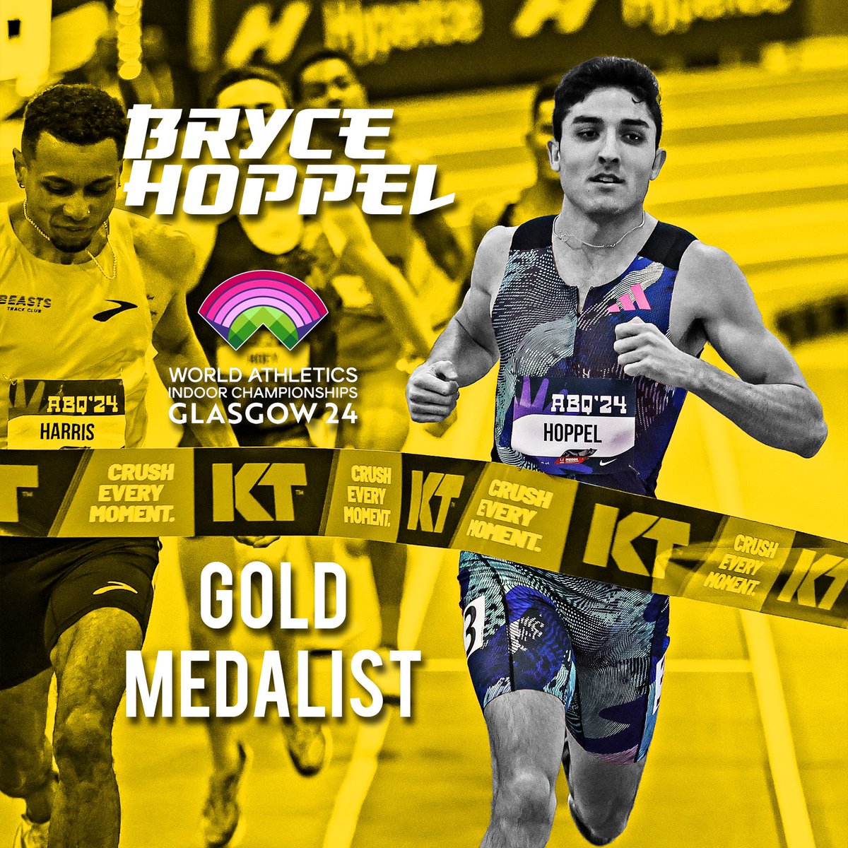 From Midland, Texas to Glasgow, Scotland — @BryceHoppel is your World Indoor Champion at 800m at @wicglasgow24 !!