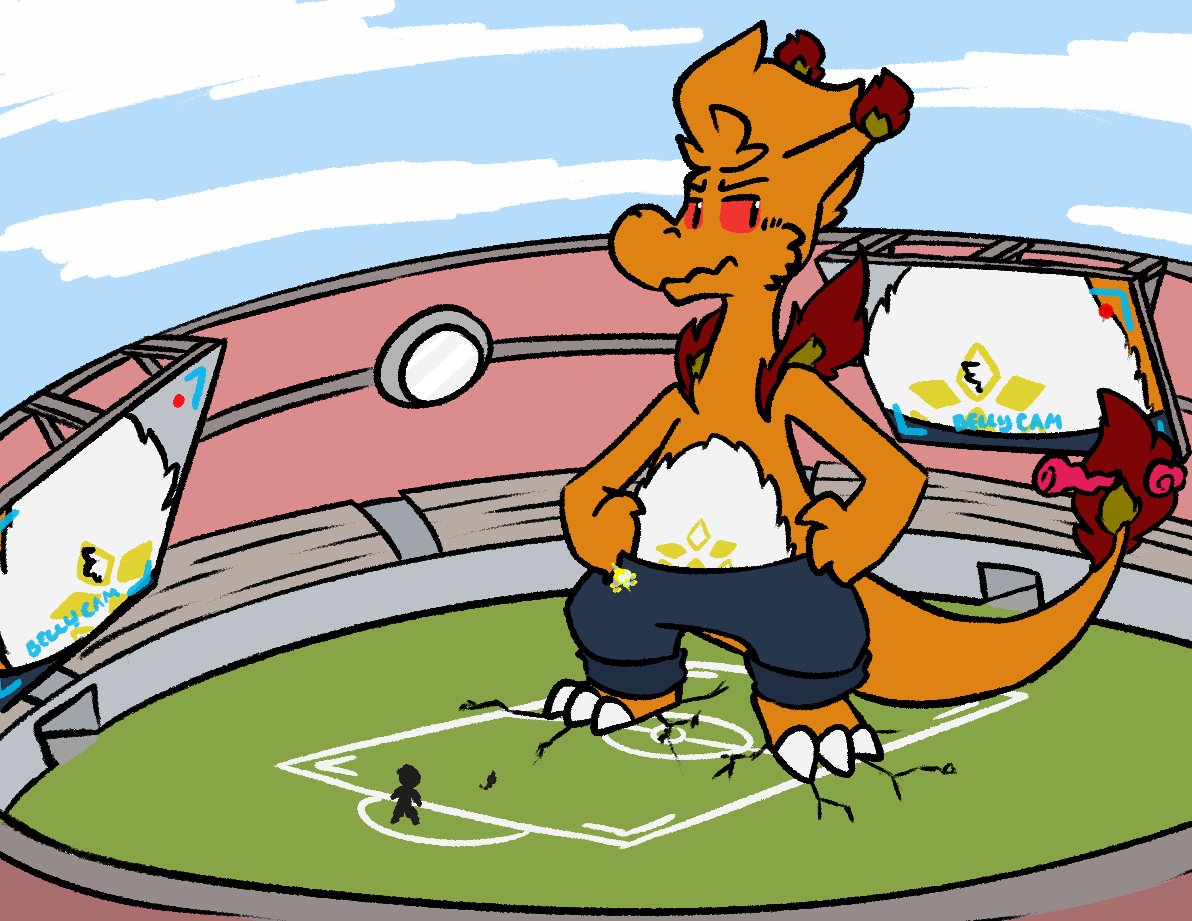 tail pokemon (creature) flame-tipped tail cloud standing stadium hands on hips  illustration images