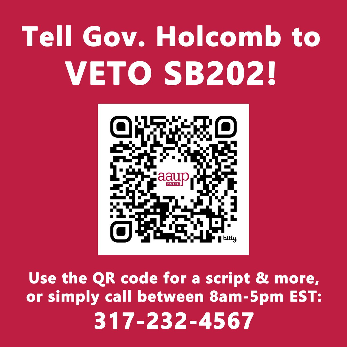 Urgent: <a href="/BallState/">Ball State</a> community -- Call Gov. Holcomb and tell him to #VetoSB202! inaaup.wordpress.com/sb-202-resourc…