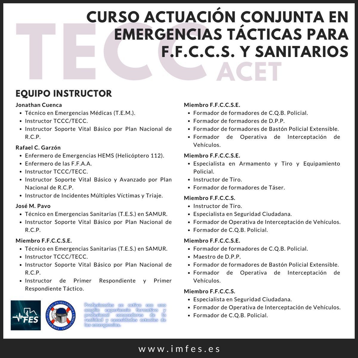 Junto a <a href="/imfes_/">imfes</a>, nueva edición para 12 miembros de las FFCCS y 6 sanitarios.
Contando con al menos 9 instructores y más de 15 figurantes y voluntarios, será un fin de semana completo donde lo enseñado se aplicará en distintas simulaciones basadas en casos reales.
#EsteEsElCamino