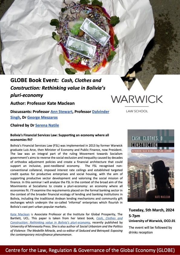 Coming up this week is the GLOBE Book Event on 'Cash, Clothes and Construction: Rethinking value in Bolivia’s pluri-economy' by Professor Kate Maclean on Tuesday, 5th March 2024, 5 – 7pm. 

More about the event here - rb.gy/zminv5