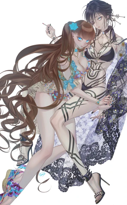 コミッションで、水着の絹華お嬢と憐子(黒薔薇)を描きました 