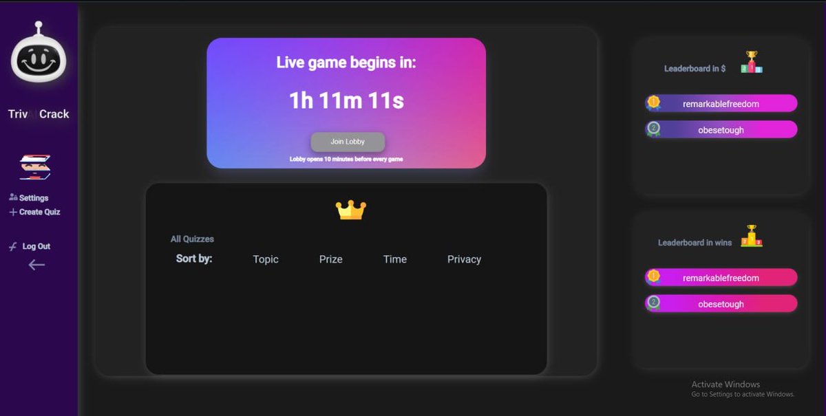 TrivAICrack's tweet photo. UI for Web3 Trivia is looking swweeettt! 

Just in time for the next crypto bull. We are gonna be the go-to daily game to test your skill and luck to win free prizes!

#Web3Gaming #ETH #memecoins #Trivia https://t.co/auib4KVGzl