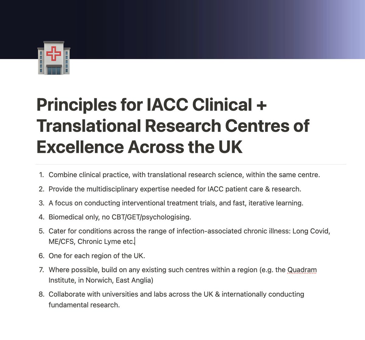 I am planning on creating a government petition in the UK, demanding the establishment of clinical & translational research centres for IACCs - inc. #LongCovid, #MECFS, #ChronicLyme etc.

Before I do, I would like to put out what I see as the key principles for feedback 🧐