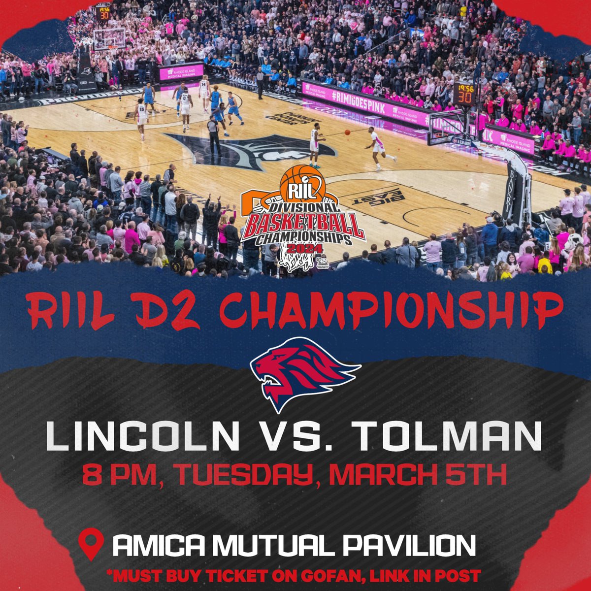 Lions will face Tolman in the D2 State Championship at the AMP! 

⌚️ 8 PM
📅 Tuesday, March 5th
📍Amica Mutual Pavilion 
🎟️ gofan.co/event/1349627

@LHSRI_Athletics | @LHSRI