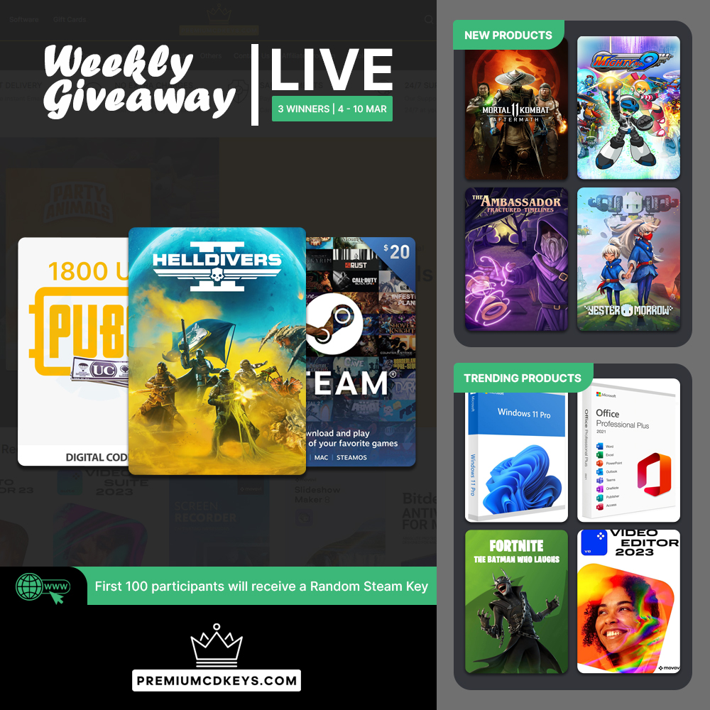 Our Weekly #Giveaway is Live!

Participate for a chance to win HELLDIVERS 2 Steam, #Steam $20 USD Gift Card and #PUBG Mobile 1800 UC Gift Card.

To participate visit: premiumcdkeys.com/pages/weekly-g…

#Contest ends on 10 march 2024, 3 Winners will be selected randomly! #Giveaways