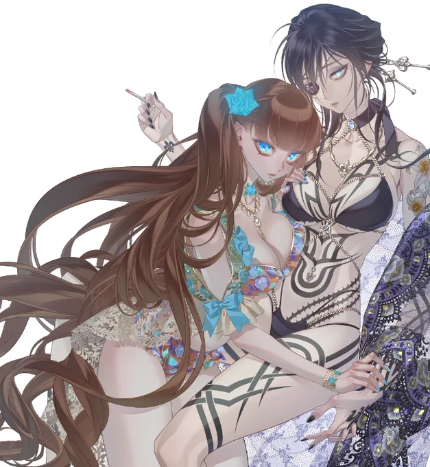 黒薔薇を女体にすることで、しみじみと絹憐いいな……という気持ちでネチネチ描いてしまったハンサム系×ハンサム系の百合って絶対うれしいじゃん…そもそも「絹華と憐子の水着」というオーダーが天才すぎる 