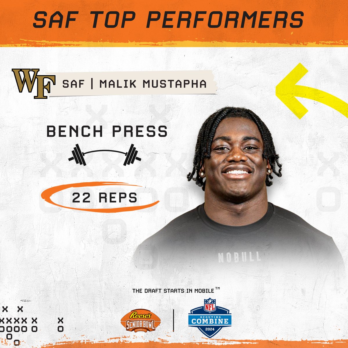 🚨Top #NFLCombine Performers🚨 Leading the SAF group, @WakeFB Malik Mustapha @_malikmustapha showed off his STRENGTH, was a top performer in the Bench Press. #BestOfTheBest #TheDraftStartsInMOBILE™️