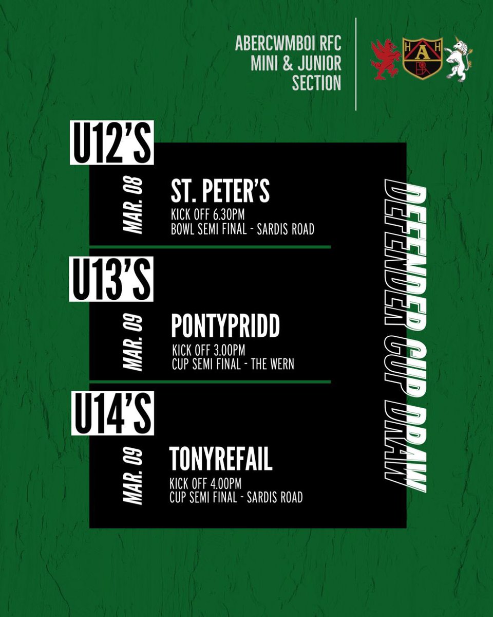 youngvillagerfc's tweet image. Exciting week ahead for 3 of our junior teams as they look forward to semi final action
12’s v @StPetersMandJ Friday night
13’s v @PontyU12s Saturday afternoon
14’s v @deanevans700 Saturday afternoon
Good luck to all involved &amp;amp; enjoy the experience 🟢⚪️⚫️
#Youngvillage
#Cuprugby