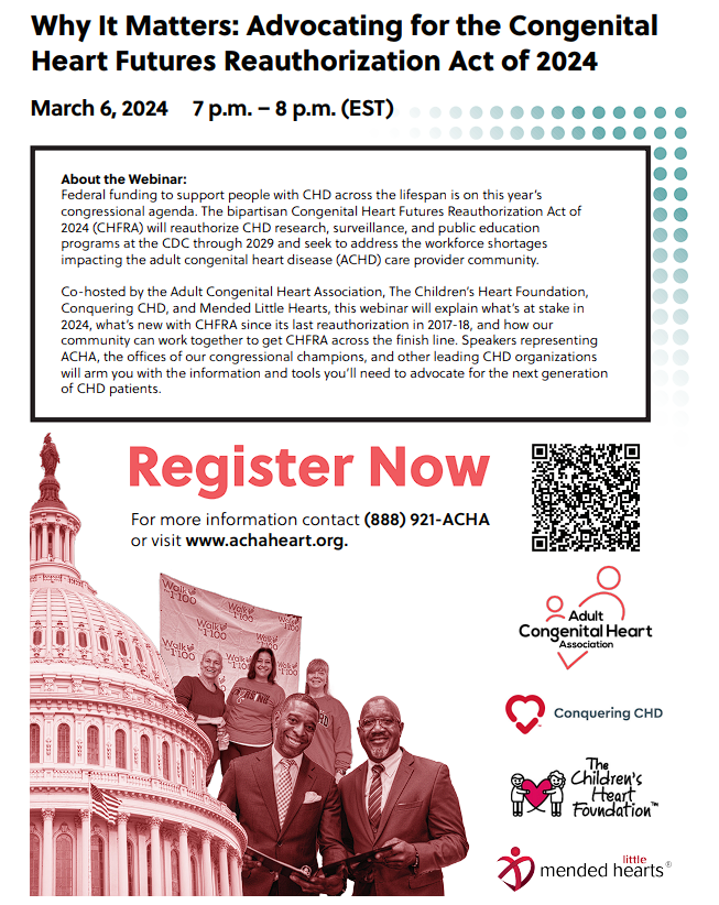 📆 Mark your calendars, #CHD #ACHD Community! Webinar on Congenital Heart Futures Act, March 6, 7-8 p.m. EST, hosted by @ACHA_Heart @conqueringchd @TheCHF @MLH_CHD 'The Congenital Heart Futures Reauthorization Act of 2024 boosts support for CHD research and programs at the CDC,…