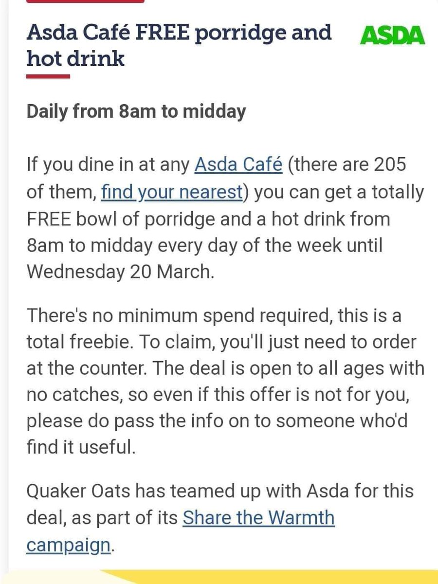 Something to beat the Scottish weather... For anyone needing a warming start to their day just now, here's a great support being offered by @asda and @Quaker. #communitymatters 🌈🤗❤️🧡💛💚🩵💙💜🤎🖤🌍