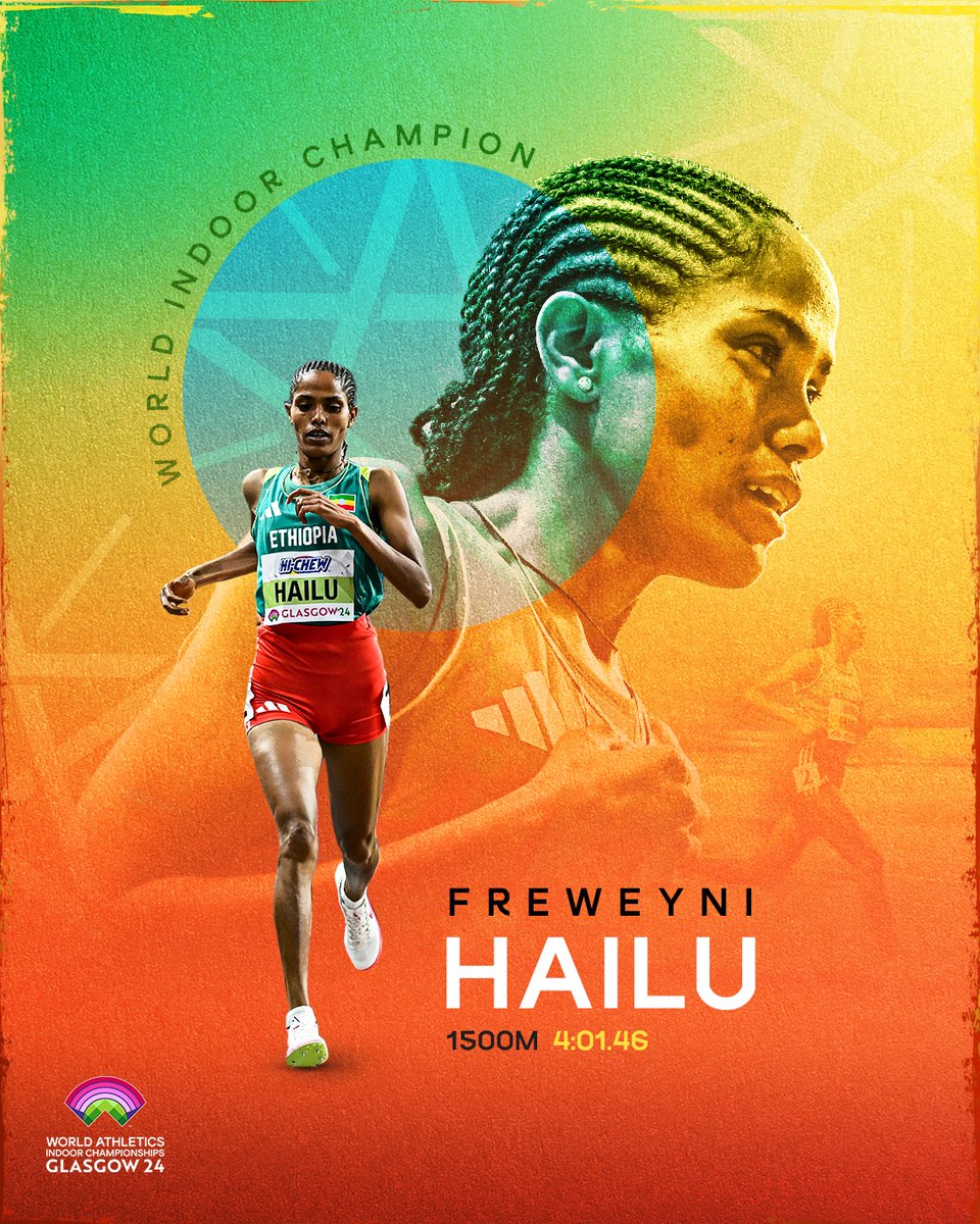 The last world title in Glasgow goes to Freweyni Hailu ‼️

The Ethiopian dominates the women's 1500m final with 4:01.46 👏 

#WorldIndoorChamps
