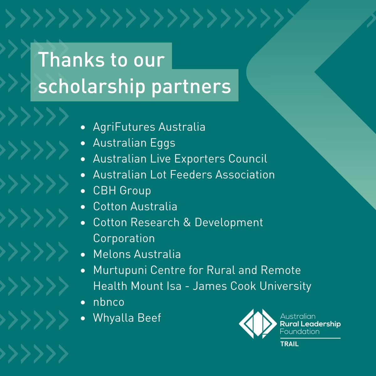 Announcing this years cohort for our TRAIL program starting this week! Good luck on your leadership journey & big thanks to their sponsors. @AgriFuturesAU @AustralianEggs @AustLiveExports @AustFeedlots @cbhgroup @cottonresearch @cottonaustralia @crrh_jcu @nbn_australia