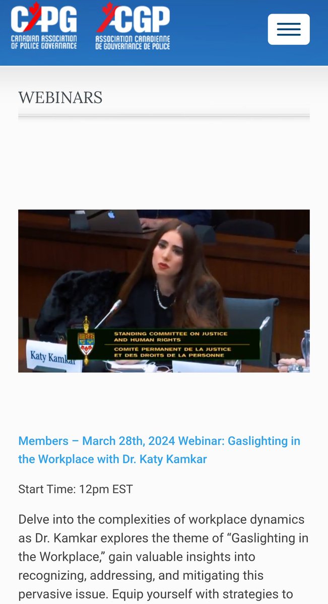Webinar on Gaslighting in the Workplace, #Police Workplace Setting. Honoured to be invited by @CAPG_ACGP Canadian Association of Police Governance. Join our Webinar capg.ca/webinars/ March 28, 2024 12pm EST. @CACP_ACCP