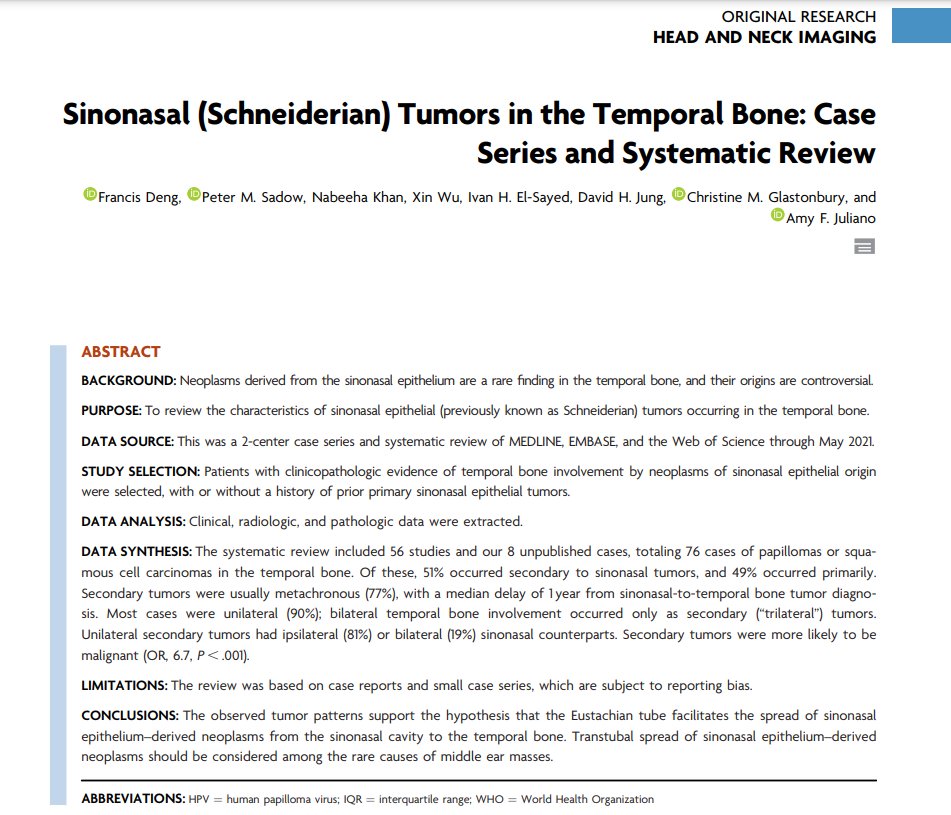 Did you know sinonasal tumors could spread up the Eustachian tube into the ear? 👂 We present a multicenter series and systematic review of the fascinating and rare entity of sinonasal (Schneiderian) tumors in the temporal bone @TheAJNR ajnr.org/content/ajnr/e…