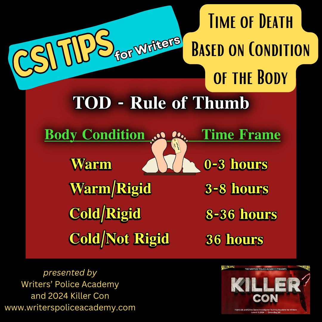 CSI TIPS for WRITERS, presented by Writers’ Police Academy/Killer Con, a hands-on Homicide and Crime Scene Investigator Training Academy for writers. 
Sign up today!
writerspoliceacademy.com

#thegraveyardshiftblog
@EdgarAwards @thrillerwriters @romancewriters @SINCnational