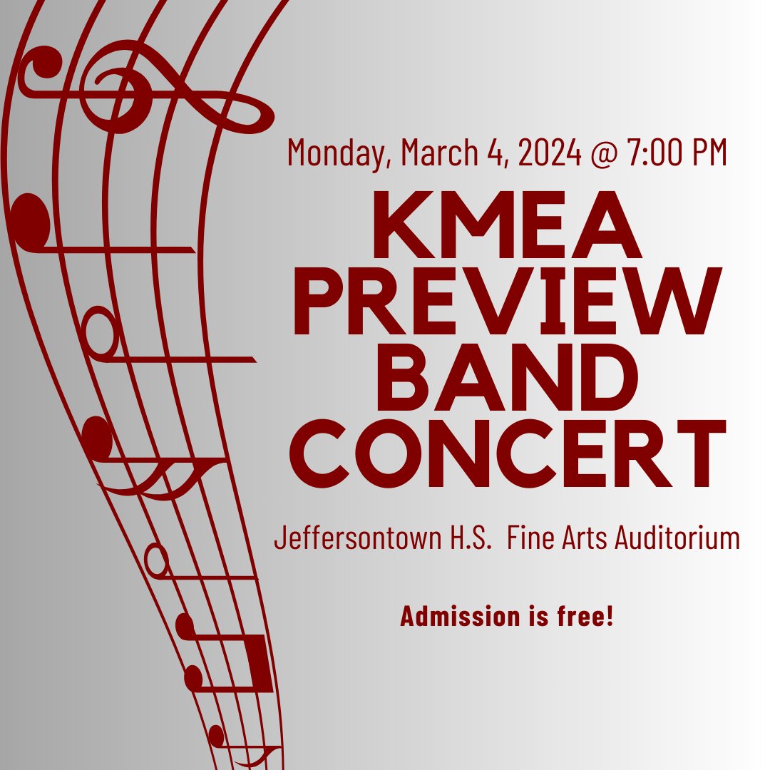 All are invited to attend our annual “KMEA Preview” Band Concert this Monday, March 4th @ at 7 PM in the JHS Auditorium. Please come out to hear and enjoy this splendid evening of exciting music. Admission is free. @JtownHS