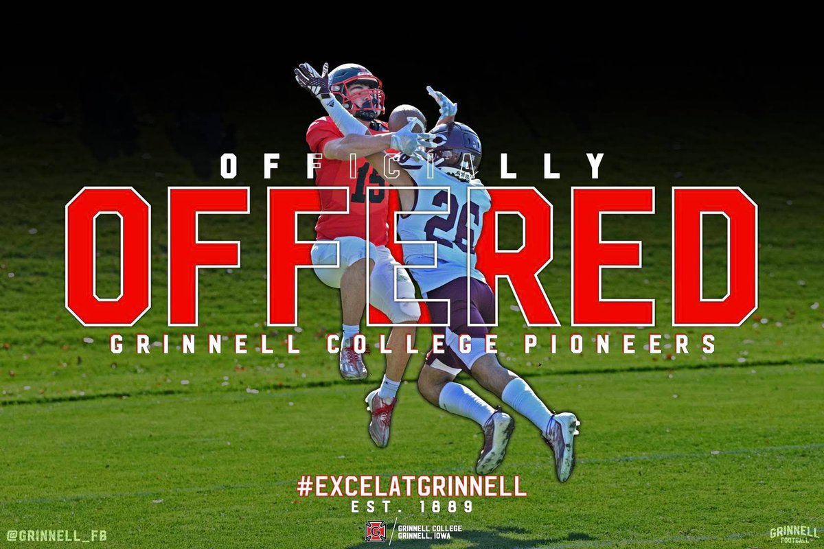 Very blessed and grateful to say I have received an offer from Grinnell College! Thank you @coach_ylagan @Grinnell_FB for the opportunity. @CoachReino @DBCoachDavidson @TreWebb_ @CoachAMims @coachgelber