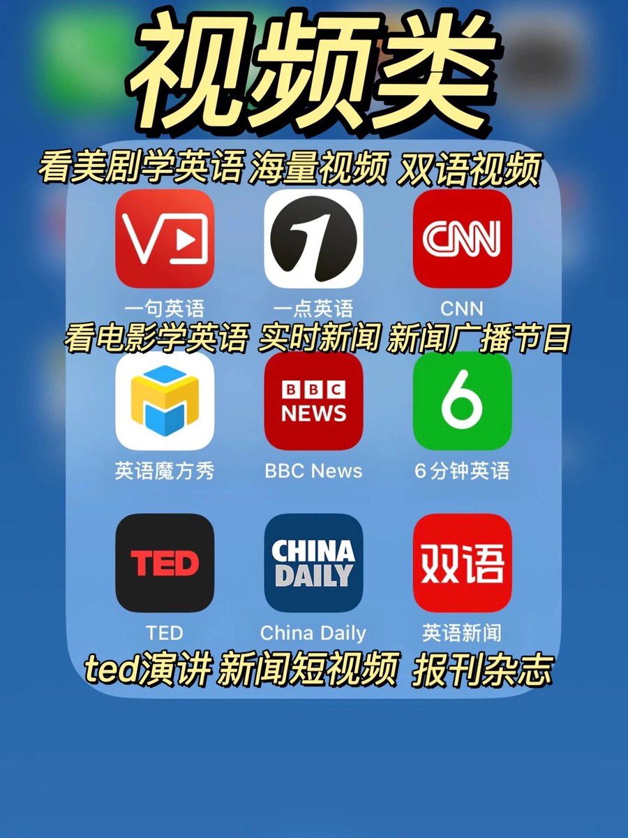 六、视频类
✅ 一句英语
✅ 一点英语
✅ CNN
✅ 英语魔方秀
✅ BBC News
✅ 6分钟英语
✅ TED
✅ China Daily
✅ 英语新闻