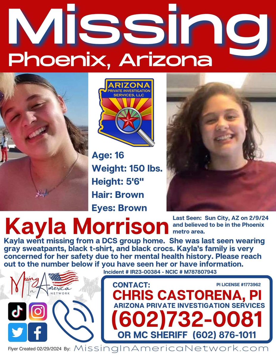 CrimeNJusticeYT's tweet photo. 🚨🚨 MISSING ARIZONA 🚨🚨
Kayla Morrison last seen 2/9/24 from a group home near North 169th Ave in Phoenix. She is believed to still be in Phoenix possibly around Maryland and 41st Ave.
#MissingPerson #MissingTeen #MissingArizona #Repost https://t.co/chDDUONBgI