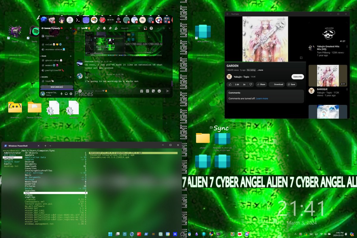 xesxss's tweet photo. My absolutly off the wall Windows rice complete with a custom build of YouTube Revanced running on WSA, AI generated frutiger aero icons and Vim as default txt editor. Also automatic syncing accross all container file systems and my phone 
#windowsriced #linuxrice #Copilot https://t.co/sV9HjLy8Nc