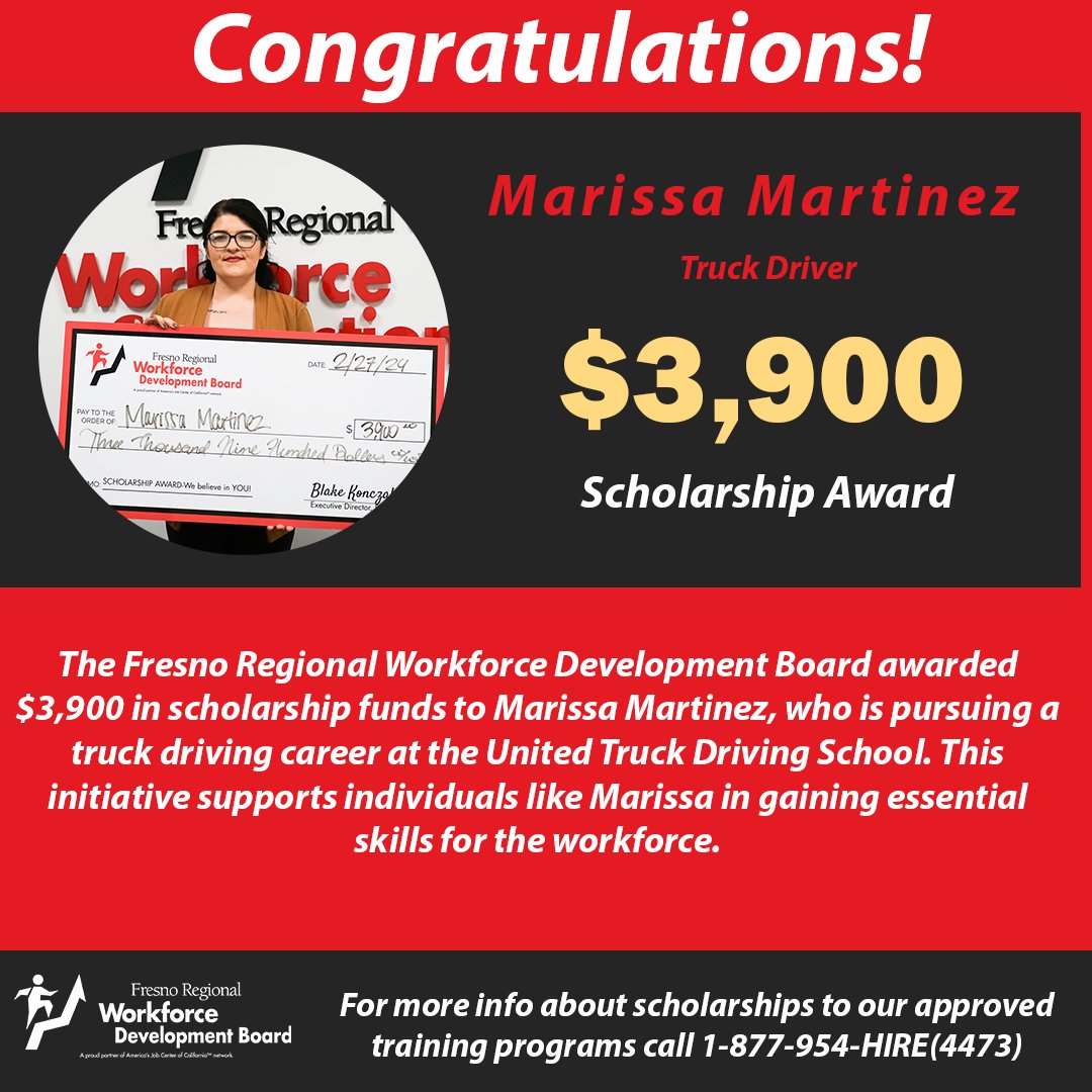 🎉 Congratulations to Marissa Martinez, blazing trails as a woman in Truck Driving at United Truck Driving School with her $3,900 scholarship! 🚚 Your determination and grit are truly inspiring. #CareerDevelopment #Fresno #Mendota #Parlier #WomenInTrucking