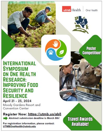 April 21-23, 2024 International Symposium on #OneHealth Research: Improving Food Security and Resilience (In person only) Galvaston, Texas, USA. Food productions experts will be centrally featured. Early registration ends March 31, 2024 tinyurl.com/8rt6nfke