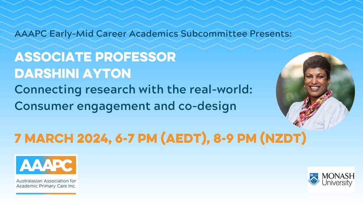 Webinar alert 🚨 A reminder that A/Prof Darshini Ayton will be talking on Thurs 7 March 6-7pm (AEDT), 8-9pm (NZDT) about consumer engagement & co-design. Register here: unimelb.zoom.us/webinar/regist…