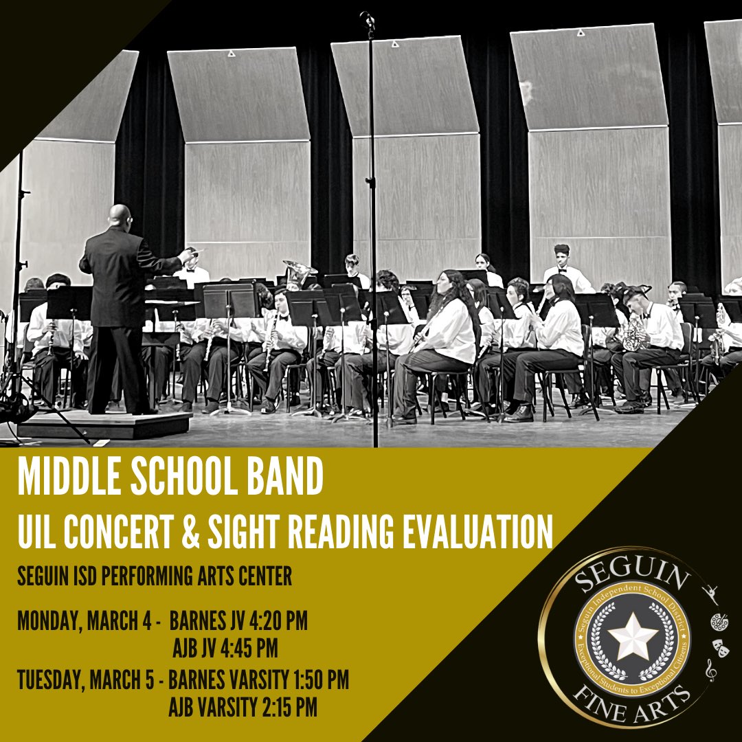 Seguin Fine Arts will be hosting the UIL Middle School Band Concert and Sight Reading Evaluation this Monday and Tuesday at the <a href="/SeguinISD/">Seguin ISD</a> Performing Arts Center. Best wishes to all four <a href="/JimBarnesMS/">Jim Barnes Middle School</a> &amp; <a href="/AJBriesemeister/">AJBriesemeisterToros</a> Bands! 

#SeguinFineArts