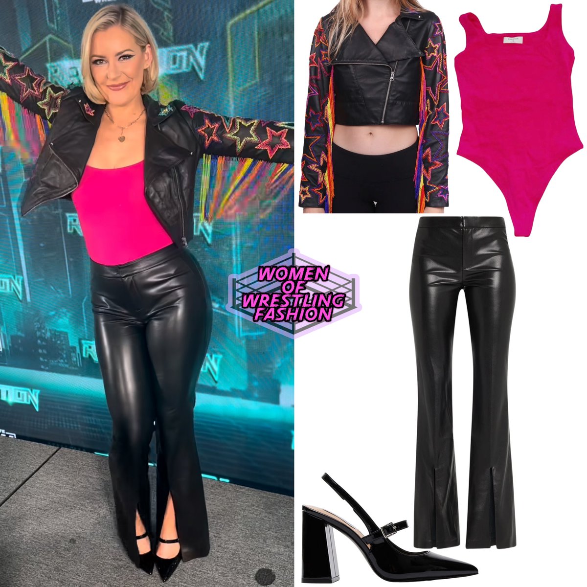 Women of Wrestling Fashion (@wmenwrstlinfash) on Twitter photo For #AEWRevolution, <a href="/ReneePaquette/">Renee Paquette</a> wears the Fringetastic Moto from <a href="/AnyOldIronUSA/">Any Old Iron</a> ($895), Babaton Round Neck Neon Pink Bodysuit from <a href="/Aritzia/">aritzia</a> (n/a), Walker Faux Leather Pant in Black from <a href="/AliceandOlivia/">alice + olivia</a> ($311 - on sale) and Maegan Black Patent Heels from <a href="/SteveMadden/">STEVE MADDEN</a> ($99.95) For #AEWRevolution, <a href="/ReneePaquette/">Renee Paquette</a> wears the Fringetastic Moto from <a href="/AnyOldIronUSA/">Any Old Iron</a> ($895), Babaton Round Neck Neon Pink Bodysuit from <a href="/Aritzia/">aritzia</a> (n/a), Walker Faux Leather Pant in Black from <a href="/AliceandOlivia/">alice + olivia</a> ($311 - on sale) and Maegan Black Patent Heels from <a href="/SteveMadden/">STEVE MADDEN</a> ($99.95)