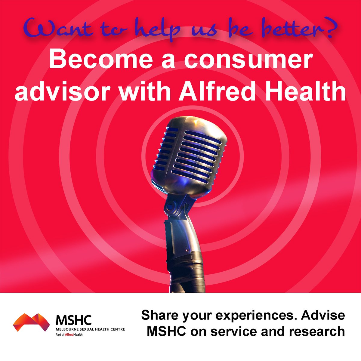Want to help Melbourne Sexual Health Centre be better? Ideas on how we can do better? Become a Community Advisor. Share your experiences. Advise on services & research. Find out more: alfredhealth.org.au/about/patients…
