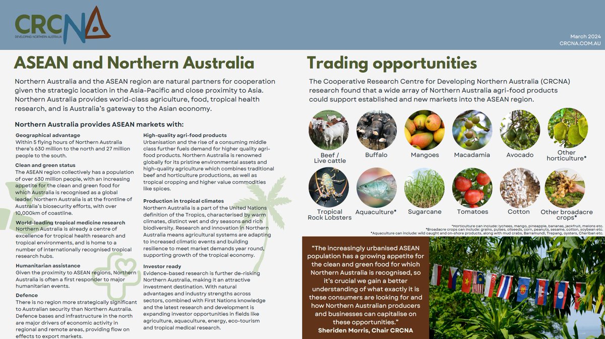 Northern Australia and the ASEAN regions are natural partners for cooperation. CRCNA research is helping #NorthernAustralia producers get their world-class products into #ASEAN markets 🥭🐂🦞🐟🍅🥑🌱🍈🌽 Read more 👉 bit.ly/42XKNVr #AusGov #Research #Trade