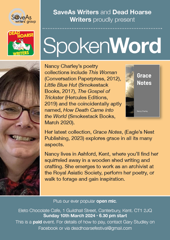 Ponder with us the many aspects of grace ... on March 10th with Ashford poet Nancy Charley - who's gracing the Eleto with her presence & reading for us from her latest collection - before the usual OpenMic in #Canterbury! #spokenwordsunday #kentwriters #poetrygroup Details below: