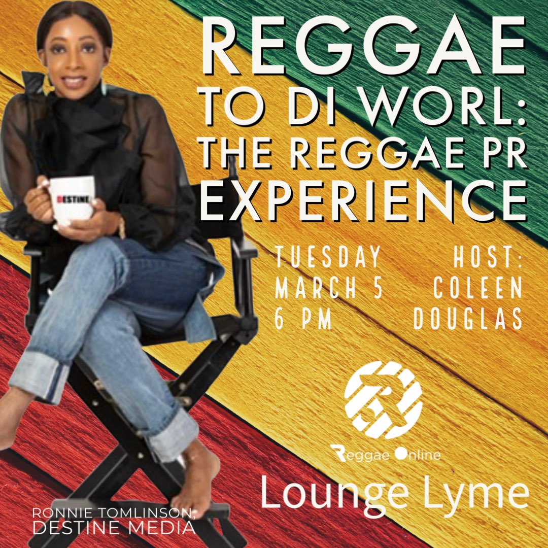 🎤 Join us on Tuesday, March 5, 6pm for a special Lounge Lyme with Ronnie Tomlinson of Destine Media! 🌐🔊 Topic: 'Reggae to di worl: The Reggae PR Experience.' 🌍🎶 Don't miss the live discussion on Reggae Online! 📆📲 #LoungeLyme #ReggaePR #ReggaeOnline