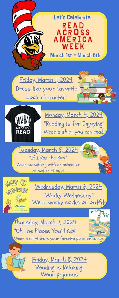 inmanelementary's tweet image. Read Across America Week! See the attached flyer for daily themes. #makingconnection #readacrossamerica