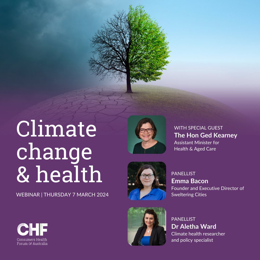 Don’t miss the Hon Ged Kearney, Assistant Minister for Health & Aged Care, Emma Bacon from Sweltering Cities and Dr Aletha Ward at our Climate Change & Health webinar this Thursday 7 March. Register 👉 chf.org.au/events/webinar…