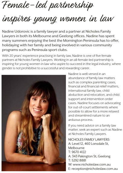 In the lead-up to International Women’s Day 2024 (8 March), @nicholes_law Partner Nadine Udorovic has been featured in the @MornPenMag, discussing her role in an all-female-led law firm partnership. Read more at issuu.com/mornpenmagptyl… (page 48) #familylaw #auslaw #IWD #IWD2024