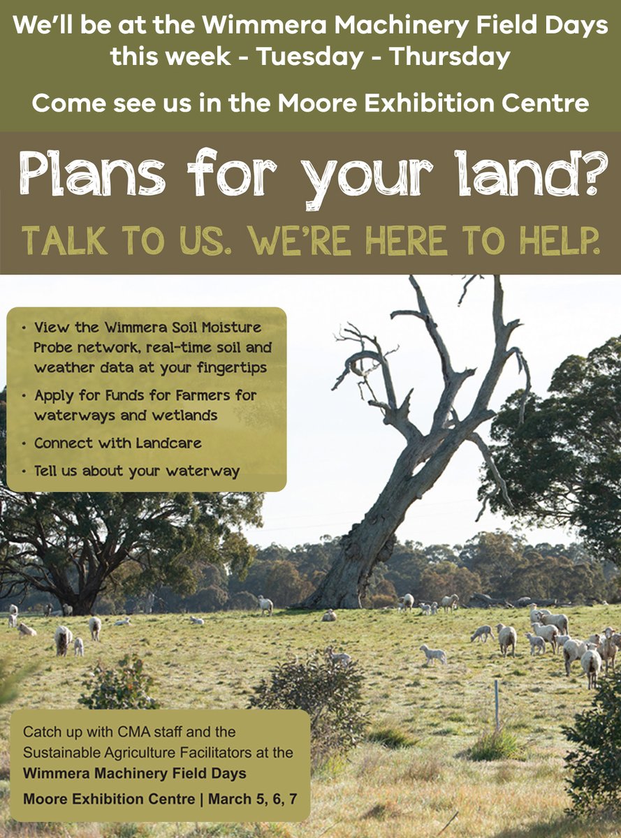 Wimmera CMA (@wimmeracma) on Twitter photo Join us at the #WimmeraMachineryFieldDays this week in the Moore Exhibition Centre for lots of great information for landholders
โ
Talk to us about your #Waterways and #Wetlands
โ
Apply for #FundsforFarmers
โ
Join the #SoilMoistureProbenetwork
<a href="/wimfielddays/">wimmeramachineryfielddays</a>
#wmfd2024 Join us at the #WimmeraMachineryFieldDays this week in the Moore Exhibition Centre for lots of great information for landholders
โ
Talk to us about your #Waterways and #Wetlands
โ
Apply for #FundsforFarmers
โ
Join the #SoilMoistureProbenetwork
<a href="/wimfielddays/">wimmeramachineryfielddays</a>
#wmfd2024