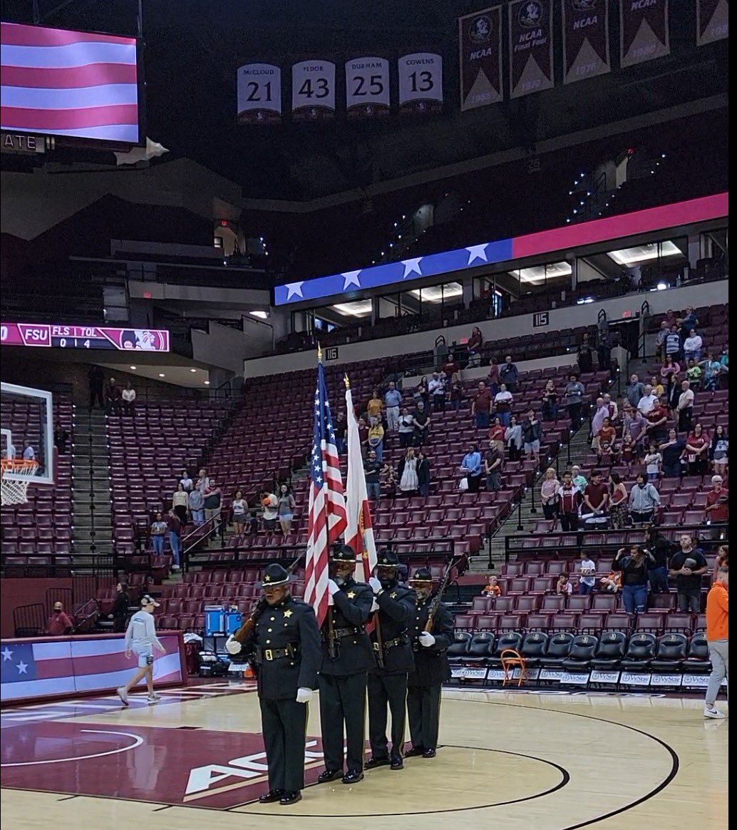 Today, LCSO’s Honor Guard had the privilege of presenting the colors at the FSU Women's Basketball Game, honoring and appreciating our First Responder families. A heartfelt salute to all those who serve and protect our community. #FirstResponders #YearofEngagment #ALLin